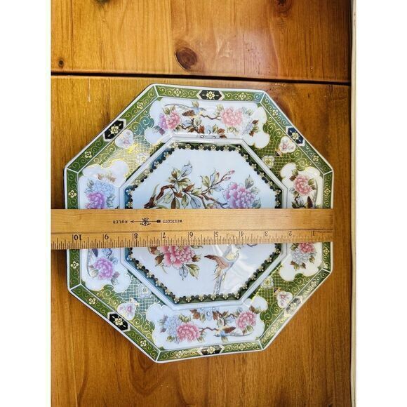 Vintage Octagon Green Dinner Plate Peonies Bird‎ AA Importing Co Made In Japan - Picture 3 of 6